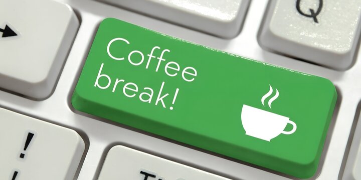Green Coffee Break Key on White Computer Keyboard Closeup Macro Office Work Productivity Concept Rest Pause Button Funny Humor Workplace Lifestyle Technology Design