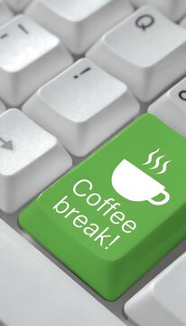 Green Coffee Break Key on White Computer Keyboard Closeup Macro Office Work Productivity Concept Rest Pause Button Funny Humor Workplace Lifestyle Technology Design
