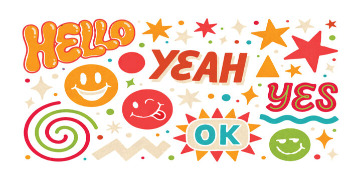 Colorful retro pop art stickers with funny faces and positive words like hello yeah yes and ok