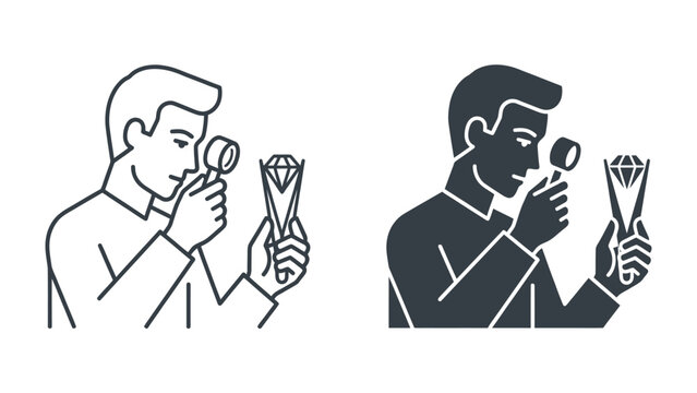 Diamond Appraisal: An icon representing a person meticulously examining a diamond with a magnifying glass, symbolizing appraisal, quality control, and detailed inspection in the gemology industry.