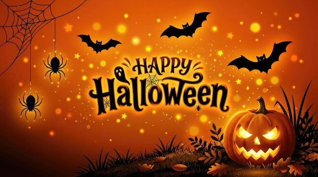 Happy halloween background with pumpkin bats and spiders