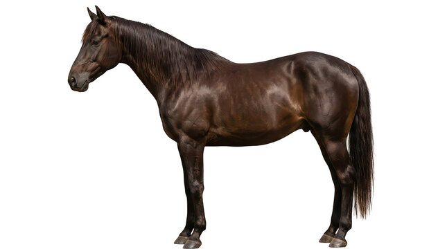 Dark brown horse standing side view profile isolated on a transparent background equine