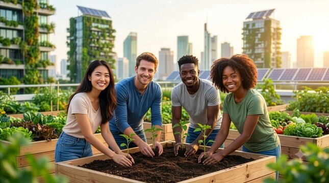 Sebuah foto resolusi tinggi yang menangkap sekelompok beragam empat orang dewasa muda bekerja sama menanam bibit pohon di kebun atap kota modern saat matahari terbit. Gedung-gedung tinggi di latar bel