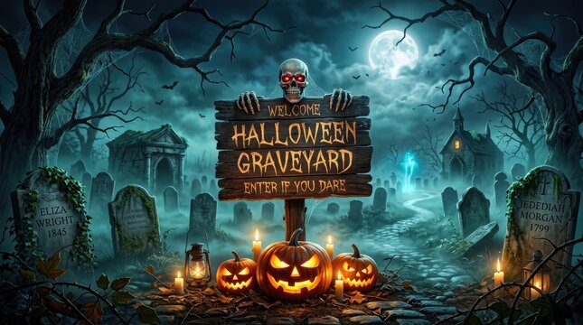 Spooky halloween graveyard scene with glowing pumpkins and eerie sign