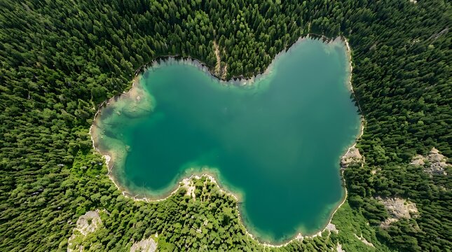 Aerial top down view of deep turquoise mountain lake surrounded by pine forest with coniferous landscape wilderness turquoise