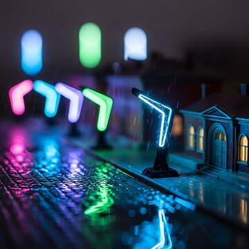 Colorful Neon Lights and Miniature Architecture Display.