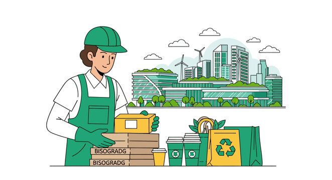 Worker sorting packages with eco-friendly city background illustration.