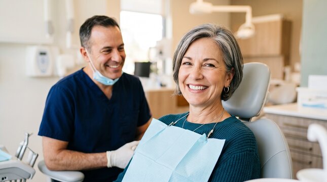 Smiling senior woman patient sitting in dental chair with male dentist behind her looking at camera regular checkup successful treatment modern stompology concept