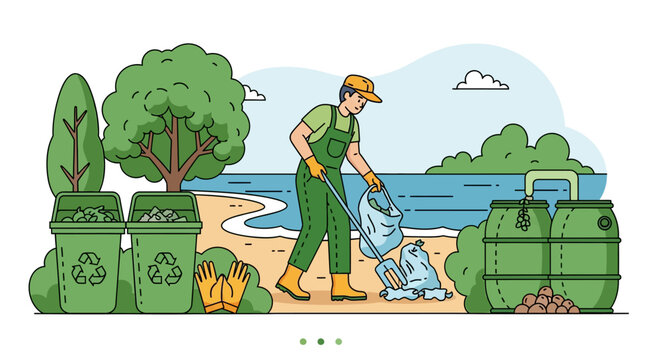 Man cleaning beach with garbage bags and recycling bins.