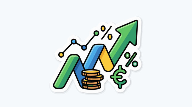 Illustrated financial growth chart with coins and currency symbols