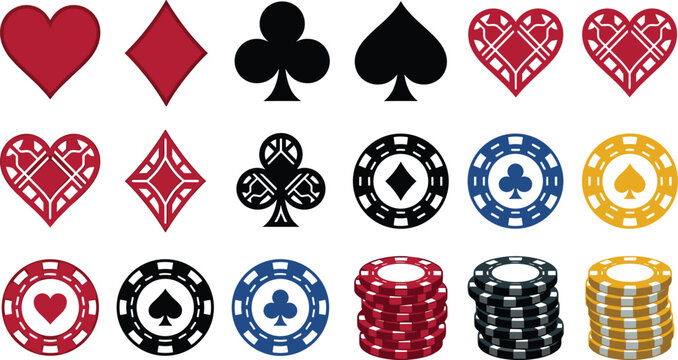 Casino Poker Chip and Playing Card Suit Icon Set with Ornate Hearts Diamonds Clubs and Spades for Gambling Web Layouts and Gaming Graphic Designs