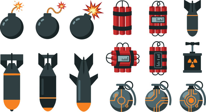 Explosive Weapon Icon Set with Cartoon Bombs Dynamite Sticks Missiles and Grenades for Military Game Interface and Action Mobile App Graphic Designs