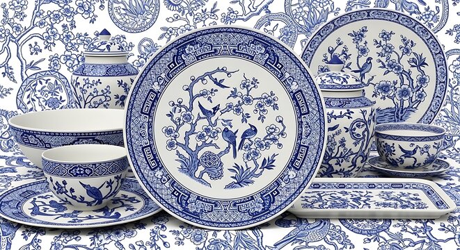 Elegant Blue and White Chinese Porcelain Dishware Set Displayed.
