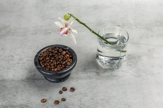 Stone bowl with roasted coffee beans and an orchid flower.