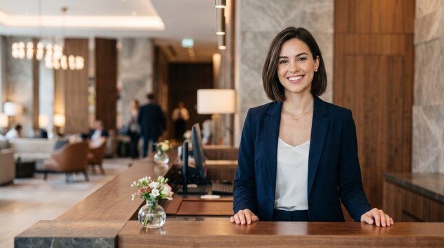 Beautiful friendly female receptionist looking at camera with warm smile at luxury hotel reception desk corporate hospitality manager portrait professional customer service worker