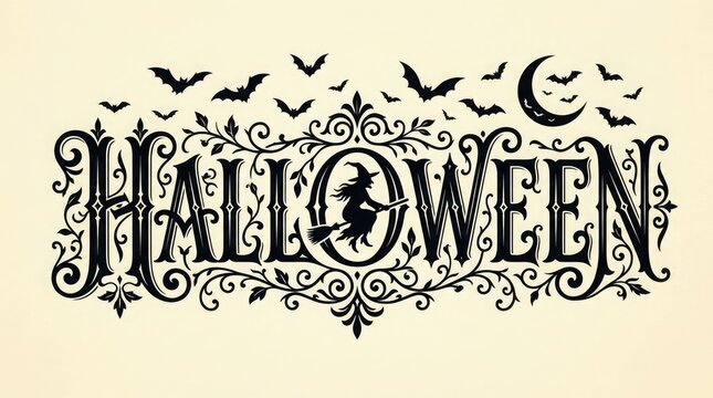 Halloween decor with witch broom bats