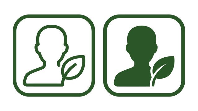 Human with Leaf Iconography: A graphic illustration presenting two icons, one outlined and one filled in dark green, each depicting a human silhouette alongside a leaf, symbolizing ecology, nature.