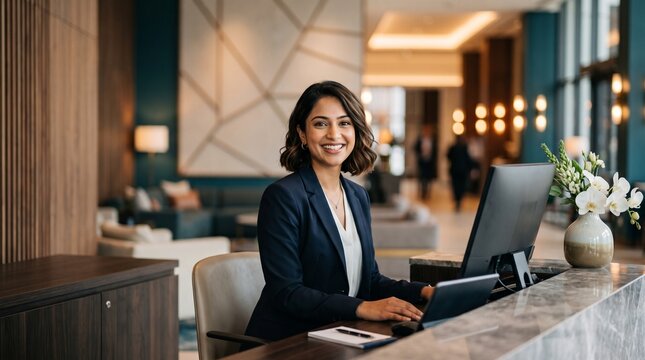 Professional Indian female receptionist smiling at modern hotel front desk reception corporate office workplace
