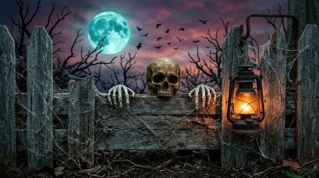 Spooky halloween scene with skull and lantern on a wooden fence