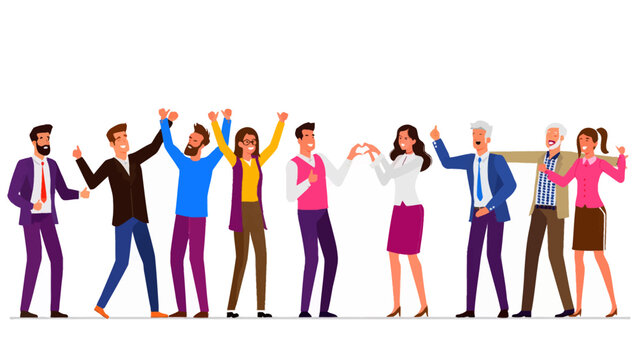 Diverse professional business team members standing in a row celebrating corporate success with happy expressions and energetic gestures while wearing colorful modern office attire against white