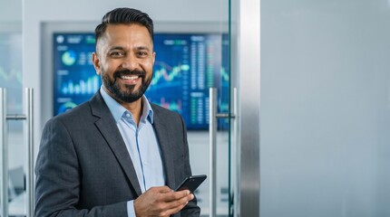 Fototapeta premium Confident bearded male stock broker smiling and holding smartphone against financial data charts background.