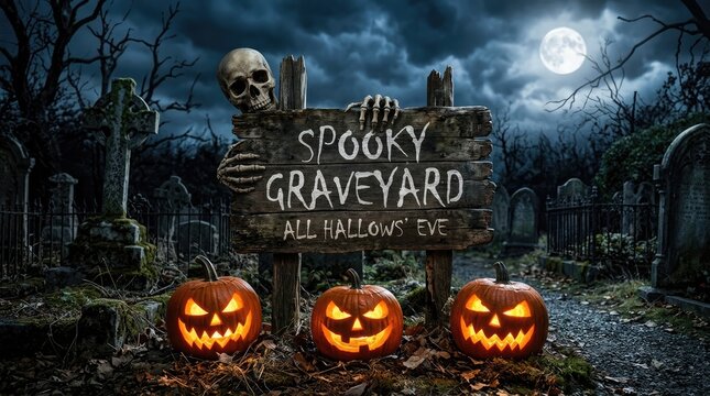 Spooky graveyard scene with jack o lanterns on all hallows' eve