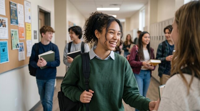 Laughing young Hispanic schoolgirl talking to classmate in high school corridor education youth lifestyle
