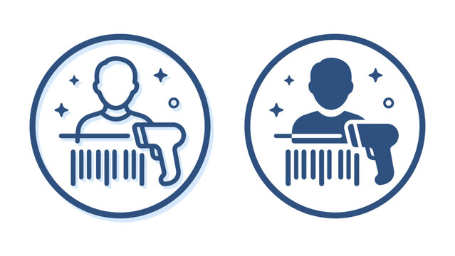 Barcode Scanner Icons: Two minimalist icons depicting a person scanning a barcode with a handheld scanner, representing technology and data processing.