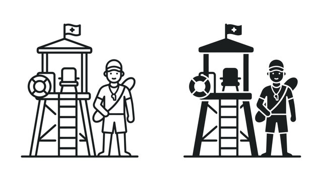 Lifeguard Station Icon: A clear and concise graphic illustration depicting a lifeguard standing beside their elevated observation tower, ready to ensure safety.