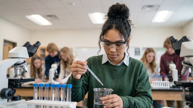 Young mixed race female student using pipette in chemistry lab experiment, high school science biology class education process
