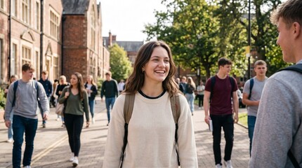 Fototapeta premium Happy young student girl smiling and walking on university campus. Cheerful female college student outdoors with historic building in background. Education, freedom and youth lifestyle
