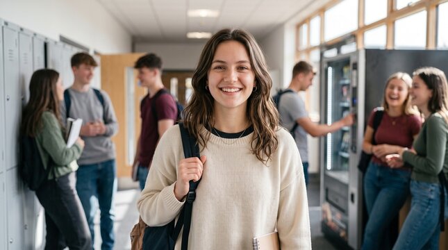 Happy teenage girl student with backpack smiling in school corridor. Group of high school or college students talking near lockers and vending machine. Education and youth lifestyle concept.