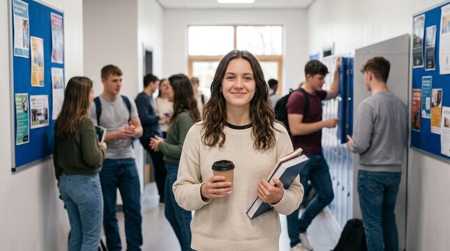 Portrait of beautiful female student holding coffee cup and notebooks in college hallway. Multiethnic group of young classmates talking near lockers in school corridor. Higher education.