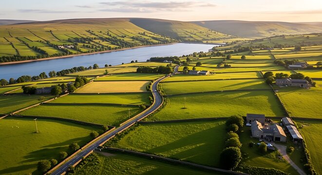 Aerial View of Lush Green Agricultural Fields and River Landscape.