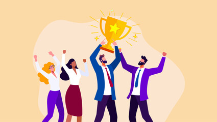 Naklejka premium Diverse business team celebrating professional victory by holding up a bright golden trophy during a happy corporate office event featuring vibrant colors and flat vector illustration
