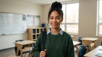 Obraz premium Beautiful mixed race teenage girl student smiling at the camera inside an empty modern classroom. Higher education, college lifestyle, back to school, and youth portrait concept.