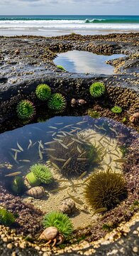 Coastal Tide Pools with Marine Life and Rocky Shoreline.