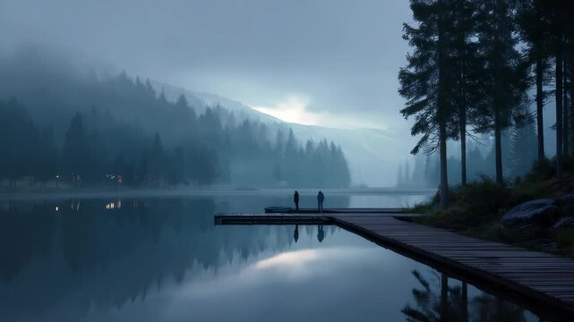 Serene landscape featuring foggy lake at dawn, with wooden dock leading into still waters, silhouettes two figures. Pine trees, misty mountains create dreamy, peaceful ambiance in nature