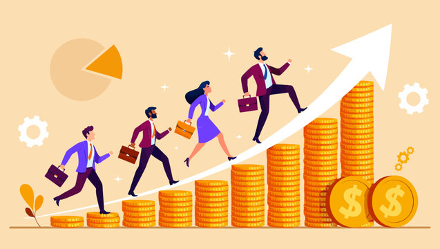 Professional business team walking up a rising staircase of gold coins to achieve financial growth and success in this colorful flat vector style digital illustration