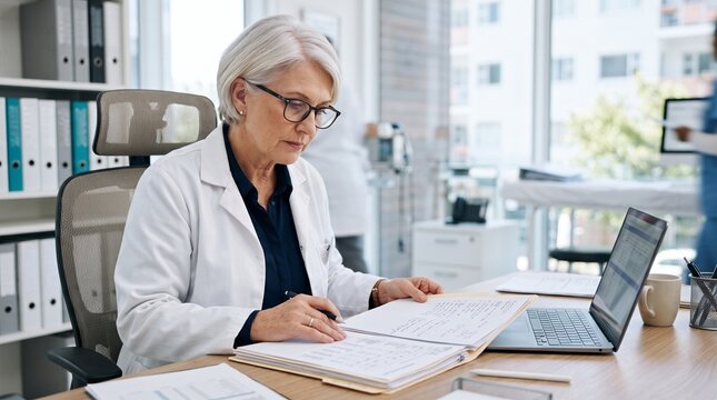 Professional senior female doctor or mature physician with glasses examining medical records papers and clinical documentation at office desk with laptop computer in private clinic