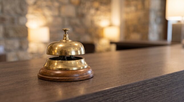 Classic vintage brass service bell on luxury hotel reception desk counter. Elegant concierge call bell close up with warm blurred lighting boutique lobby background for hospitality concept.