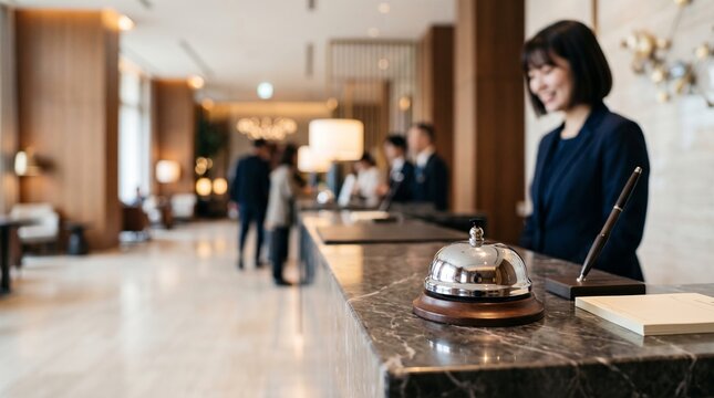 Shiny chrome service bell on a marble counter desk at a modern boutique hotel lobby with a smiling receptionist in background. Hospitality industry, check in, and luxury service concept.