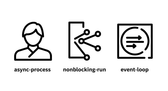 Set of programming and software development process icons with programming development software computer architecture nonblocking function javascript execution engineering asynchronous