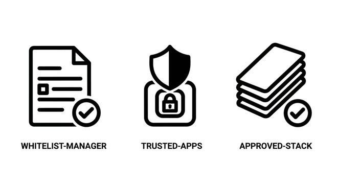 Application security and management line icon set with security software management whitelist approval document verification permission authorized protection business compliance validation