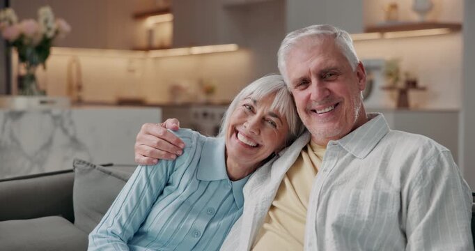 Face, hug and old couple with love in home, trust and relationship security with happiness. Smile, man and woman embrace in lounge with portrait for loyalty, marriage commitment or care in retirement