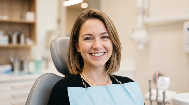 Portrait of gorgeous young female patient in dental chair smiling at camera in clinic. Happy woman having professional teeth checkup or cosmetic treatment at modern dentist office. Care.
