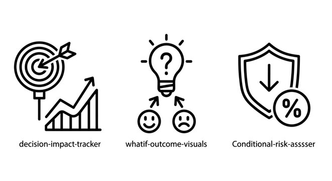 Business decision impact tracker and risk assessment metric line icons with decision assessment business percentage management analysis strategy performance financial improvement planning