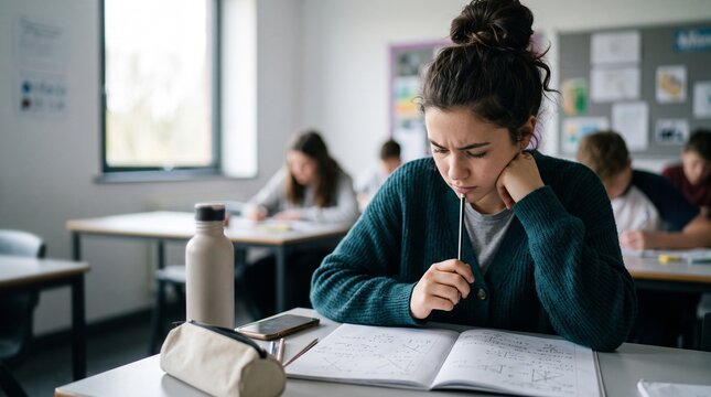 Focused teenage girl writing in notebook doing math exercise in school classroom. Deeply concentrated high school student solving task, exam or test concept.
