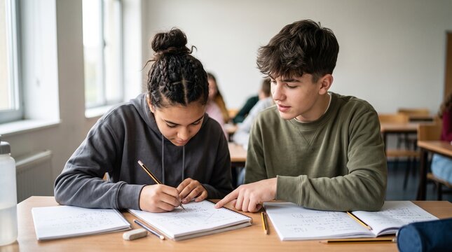 Teenage students working together on assignment at classroom desk, high school classmates doing math test homework using notebooks