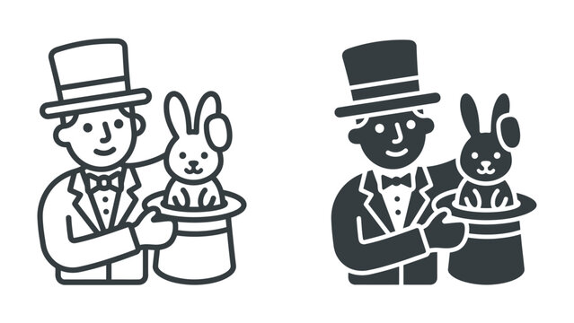 Magician and Rabbit Icon: A charming illustration featuring a magician in a top hat and tuxedo, pulling a bunny out of a hat, presented in both outline and solid styles.
